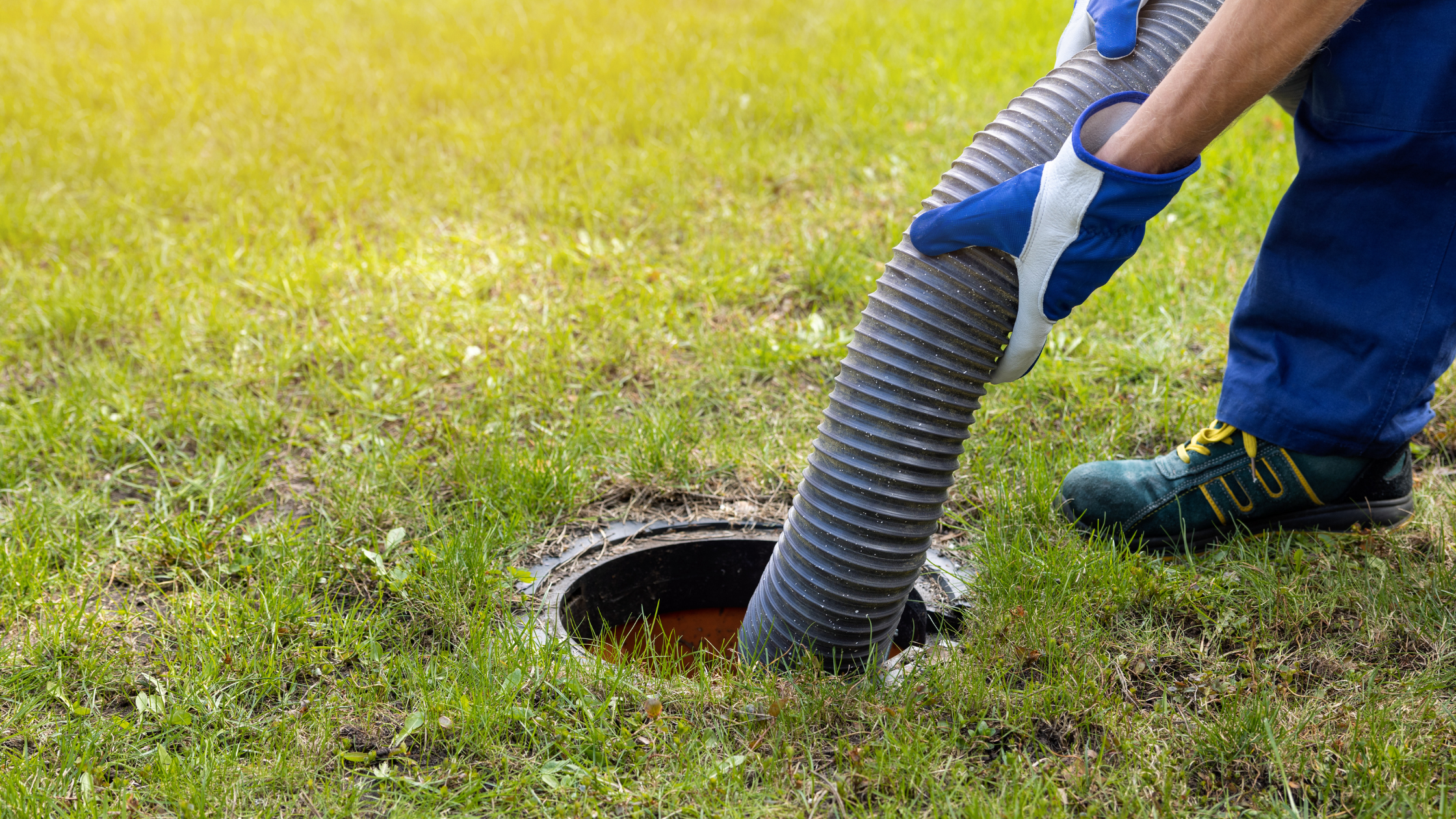 Man with gloves holding septic pump in hole in grassy yard