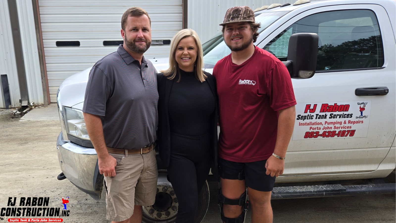 Family photo of Ben, Ashleigh, and Will Rabon in front of FJ Rabon truck and business